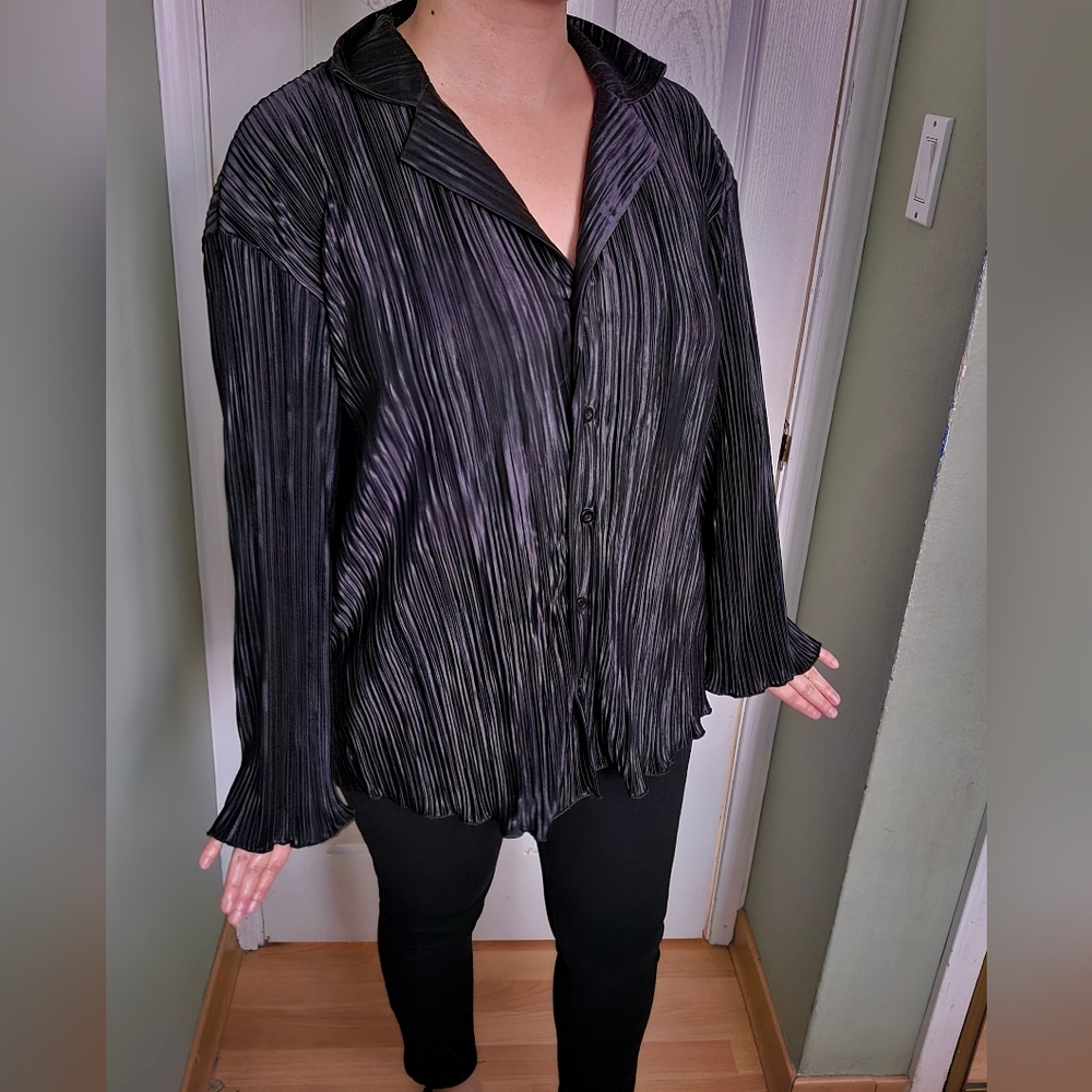 Black Pleated Button-Up Shirt Goth Whimsigoth Artisan Office Glam Size Large